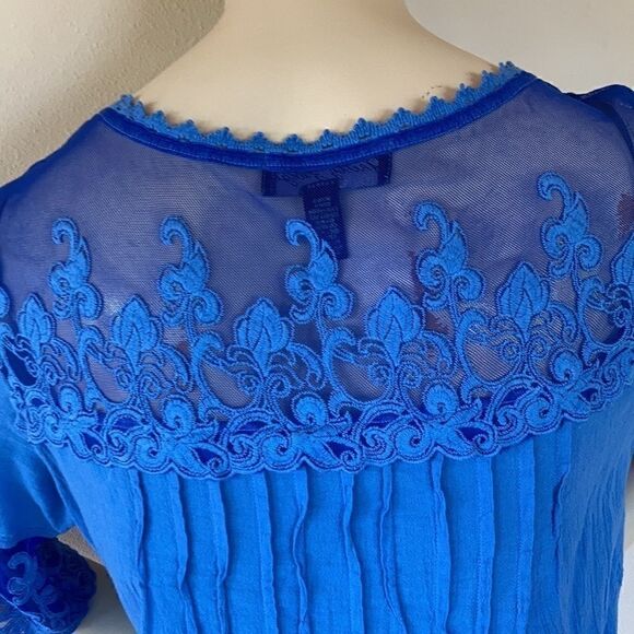 Gretty Zueger Embroidered mesh cotton elbow length sleeve Tunic Ocean Blue Med - Picture 13 of 17